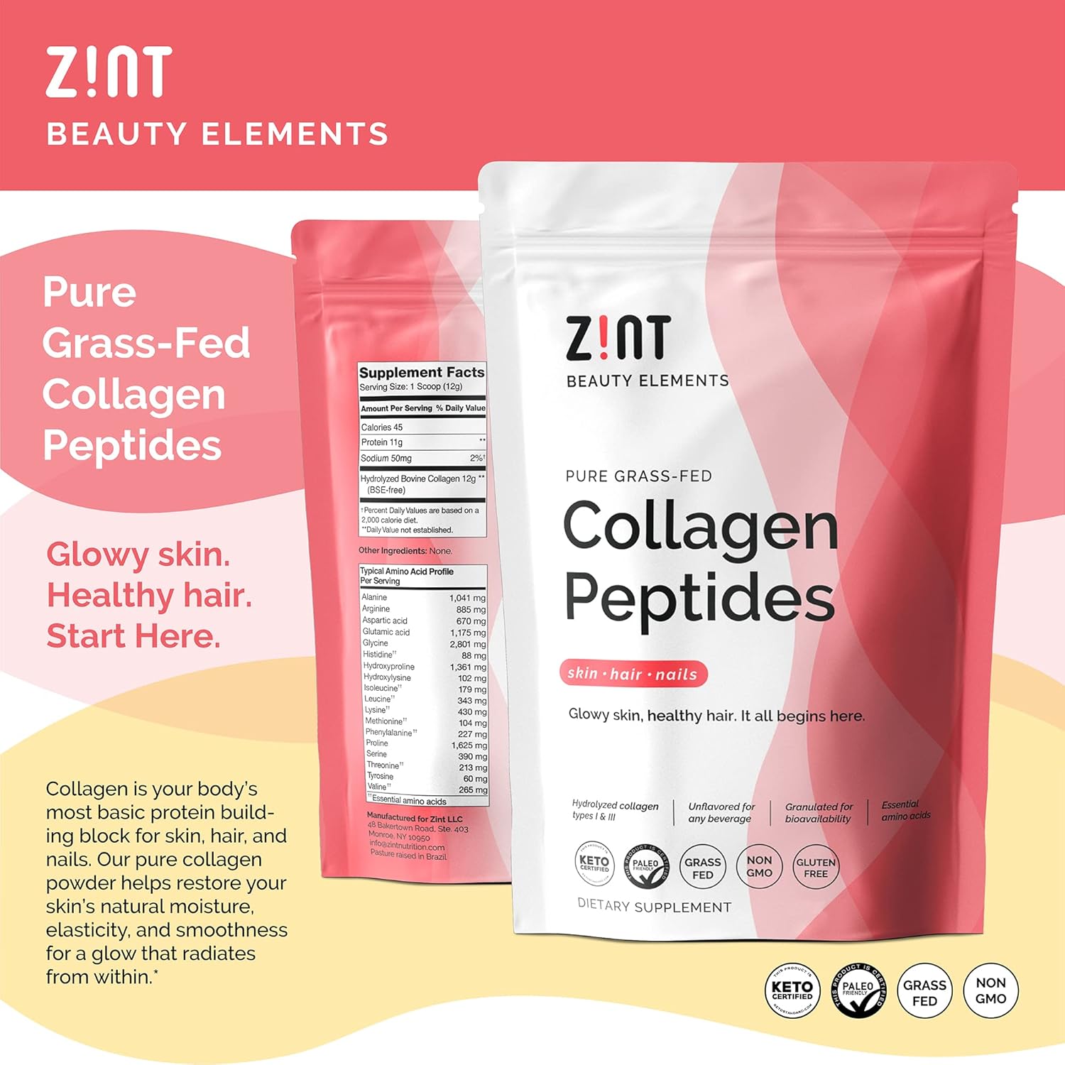 Zint Collagen Peptides Powder (32 oz) | Grass-Fed, Hydrolyzed Type I & III | Supports Skin, Hair, Joints & Gut Health | Rich in Key Amino Acids | Paleo-Friendly, Keto, Non-GMO, Unflavored