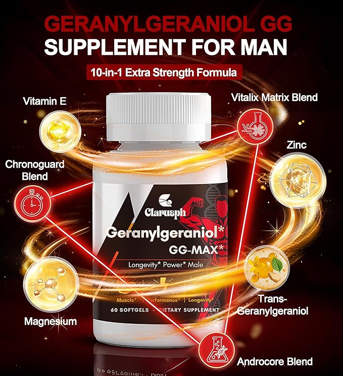Energy Supplement Geranylgeraniol GG 300mg, Trans-Geranylgeraniol Supplement with Vitamin E for CoQ10, Annatto-Derived GG - Energy Supplements for Men, 30 Softgels