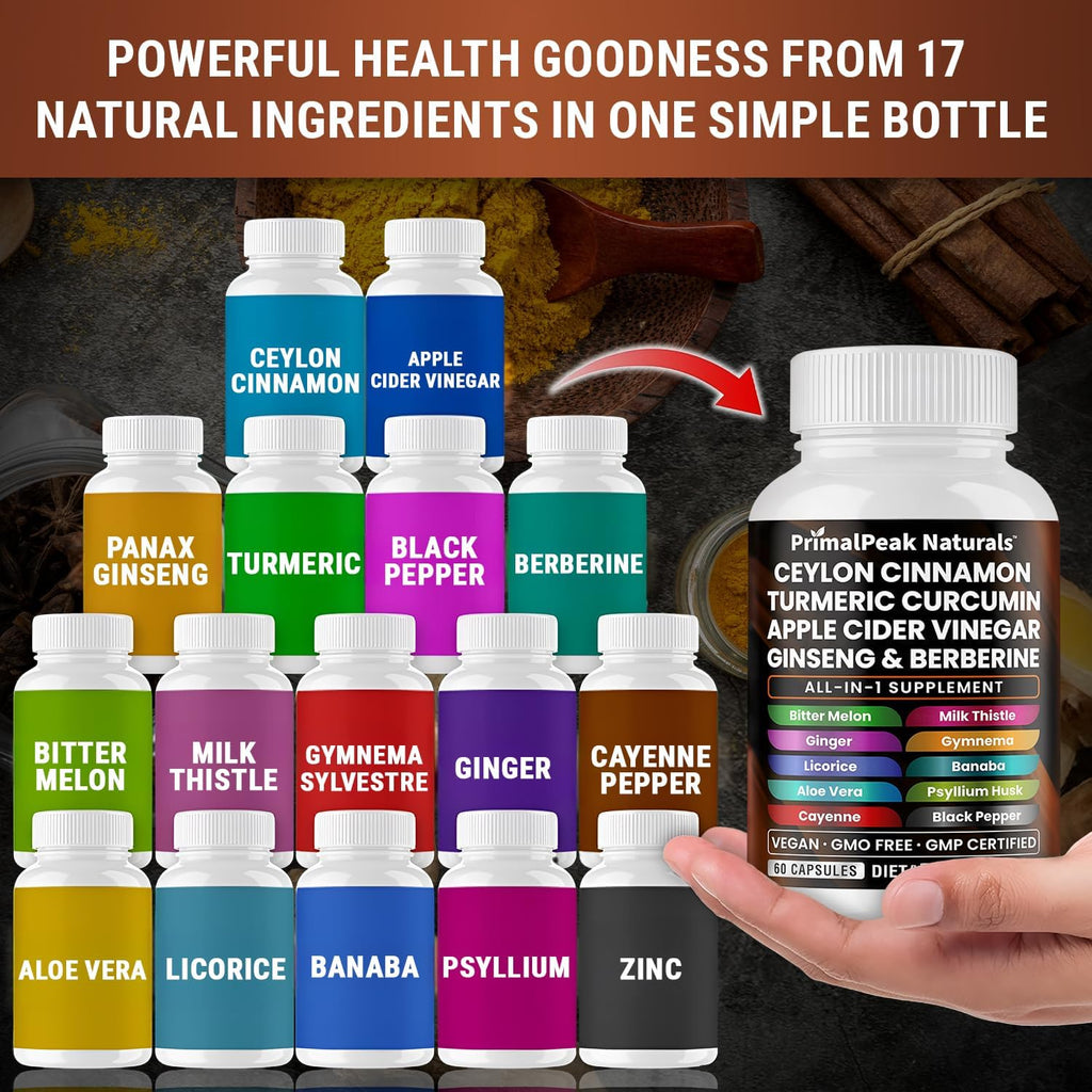 Ceylon Cinnamon Apple Cider Vinegar Turmeric Curcumin Panax Ginseng Berberine with Bitter Melon Banaba Milk Thistle Gymnema Sylvestre Vegan Capsules - 120 Count