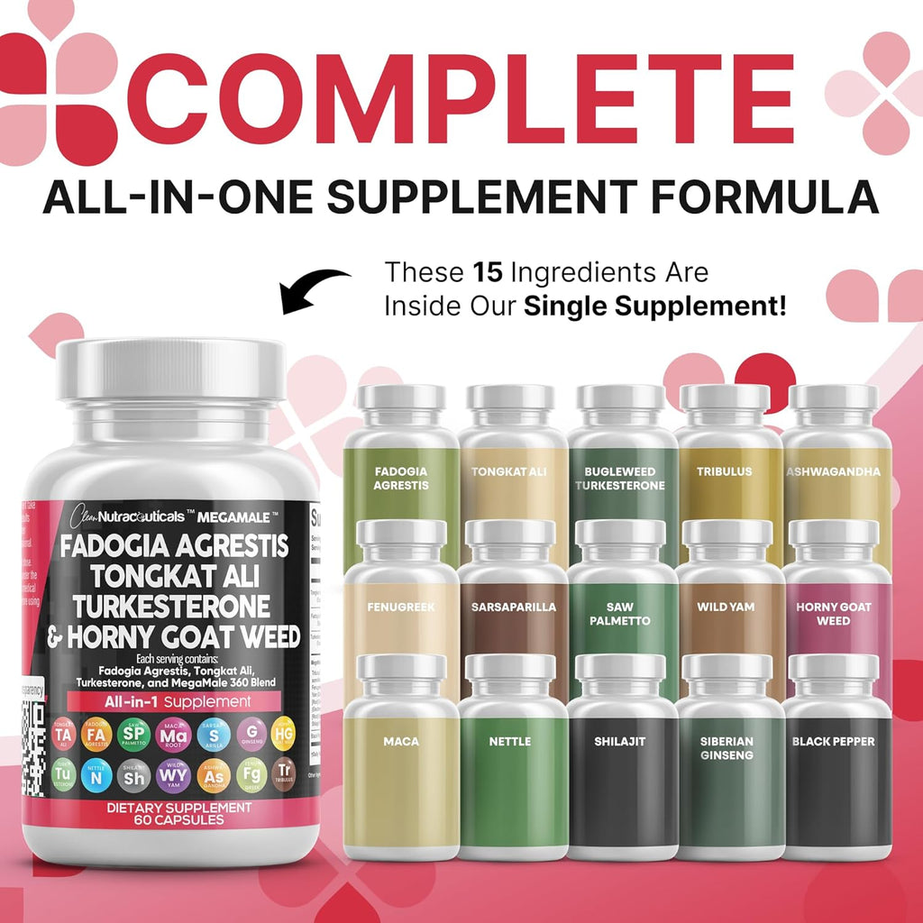 Clean Nutraceuticals Fadogia Agrestis Tongkat Ali Turkesterone Supplement with Horny Goat Weed, Saw Palmetto, Maca Root, Siberian Ginseng, Tribulus Terrestris, Fenugreek, Wild Yam - 60 Count