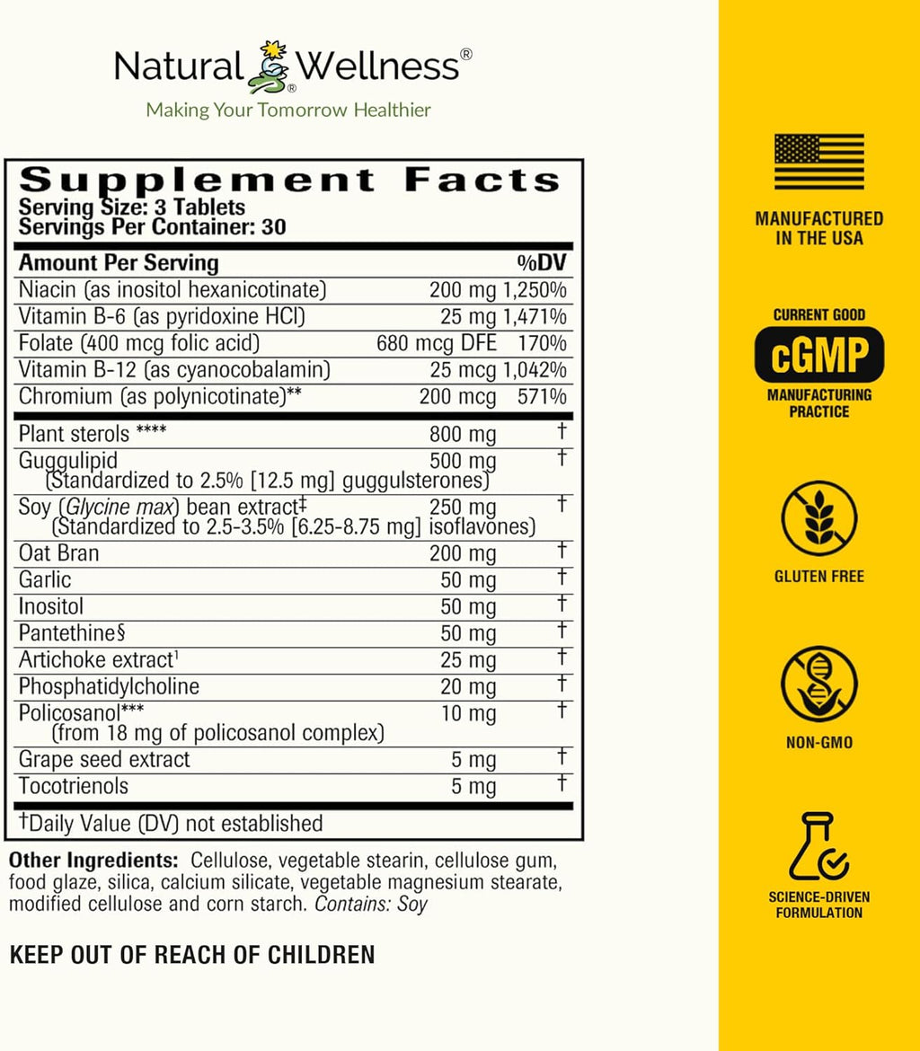 Natural Wellness Cholesterol Support – Herbal & Nutrient Supplement for Healthy Cholesterol Levels, Heart Function, Artery Health & Circulation – Cardiovascular Support Formula – 90 Tablets