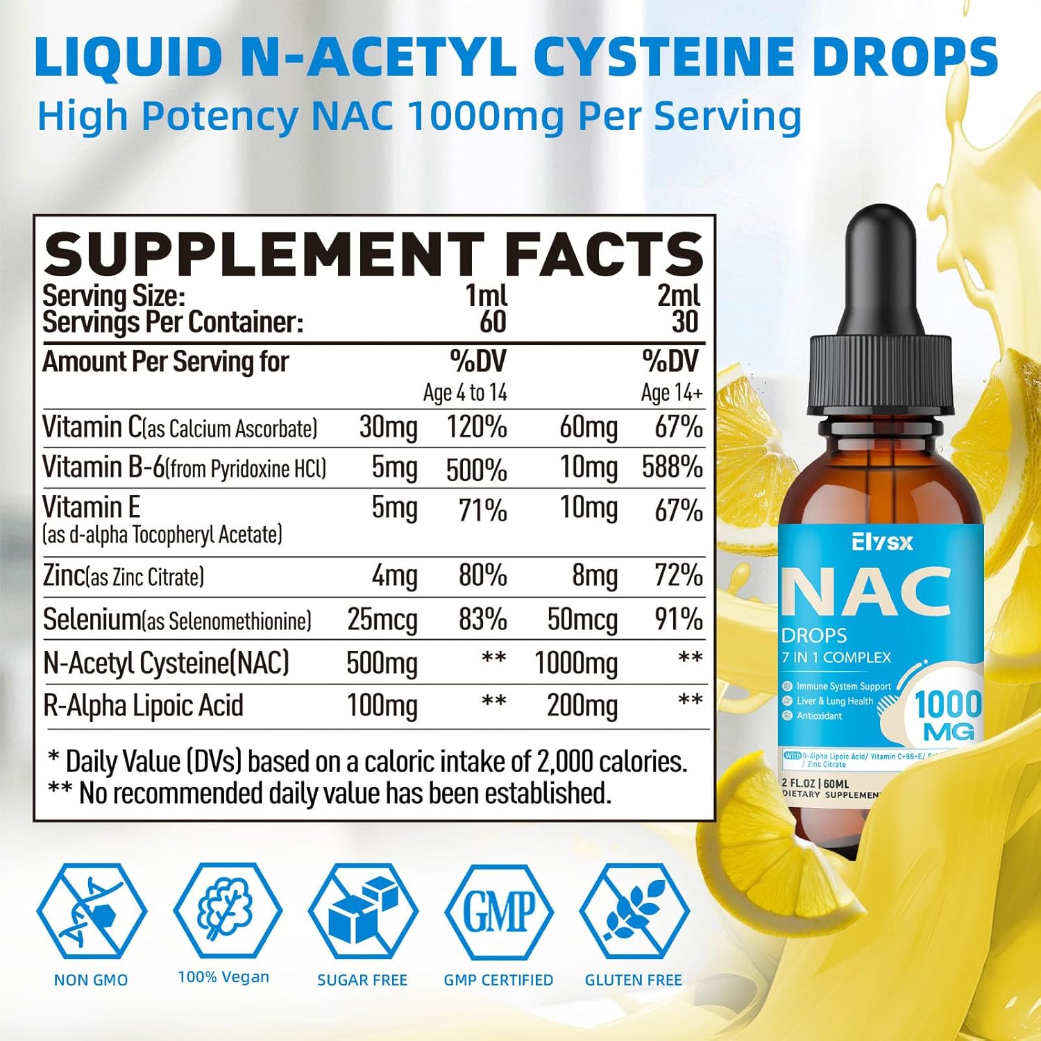 Liquid NAC Drops 1000MG, NAC Supplement N-Acetyl Cysteine with Alpha Lipoic Acid for Adults & Kids, Immune System & Antioxidant Support, Liver & Lung Health, Natural Lemon Flavor, Sugar Free, 2FL OZ