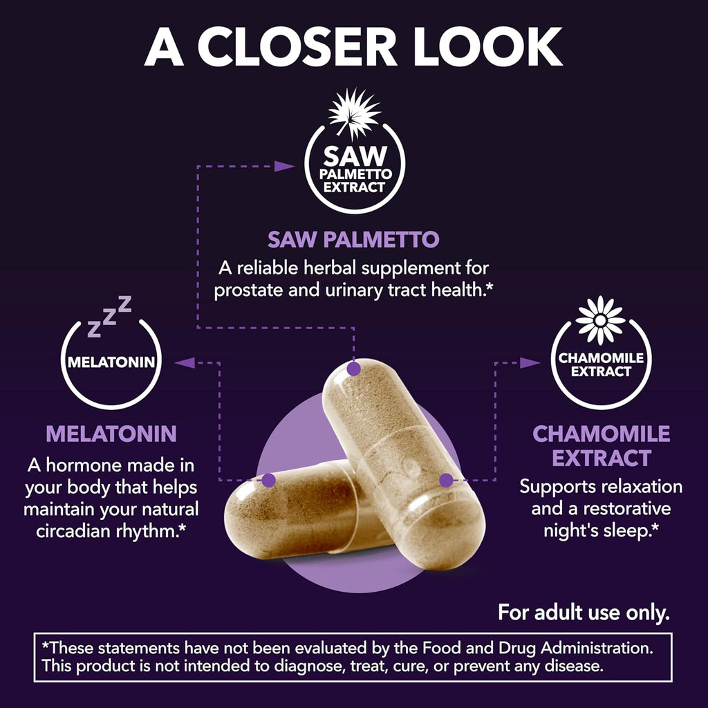 Saw Palmetto PM for Men with Melatonin 3mg - Night Time Prostate Health Supplement for Bladder and Sleep Support - Reduce Urinary Frequency - 100 Count - Vegan, Non-GMO Capsules - Over 3 Month Supply