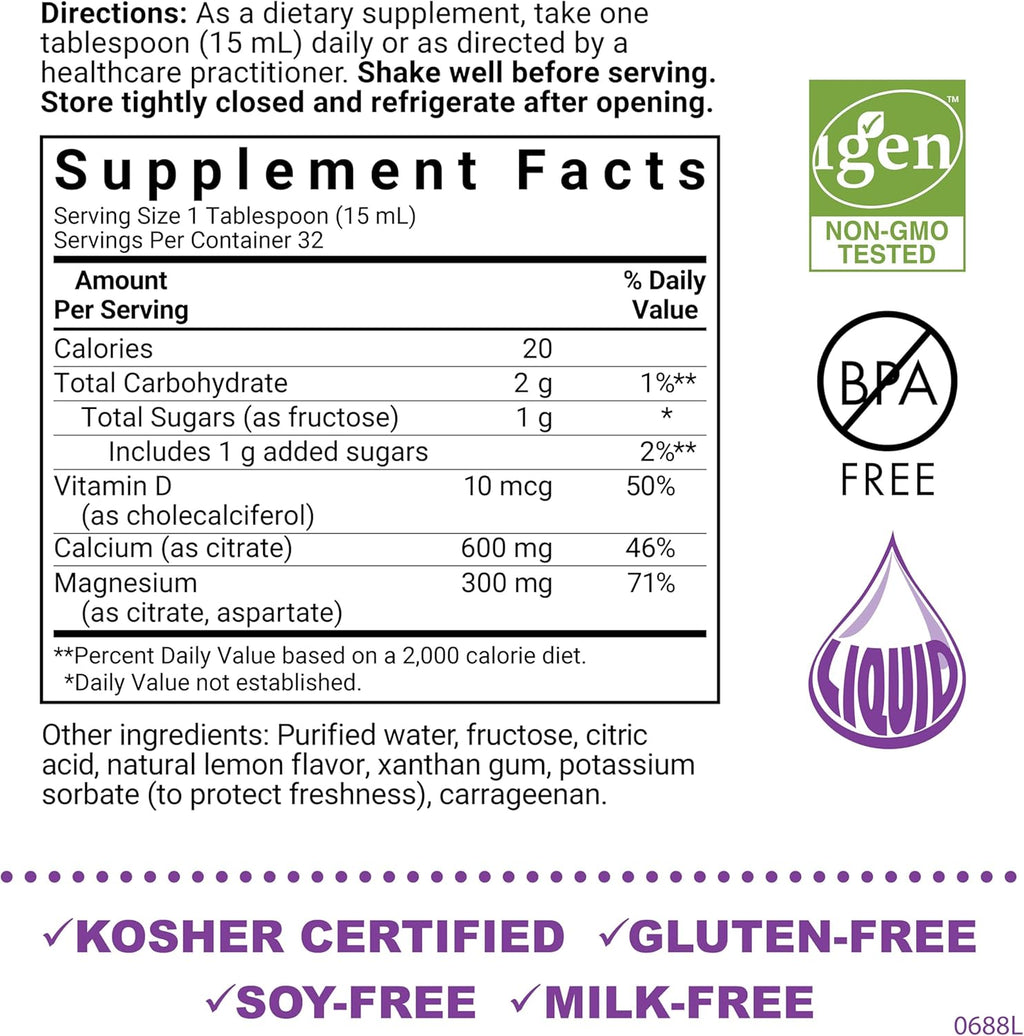 Bluebonnet Nutrition Liquid Calcium Citrate Magnesium Citrate, Vitamin D3, Bone Health, Gluten Free, Soy free, milk free, kosher, 32 Servings, Lemon Flavor, 16 Fl Oz (Pack of 1)