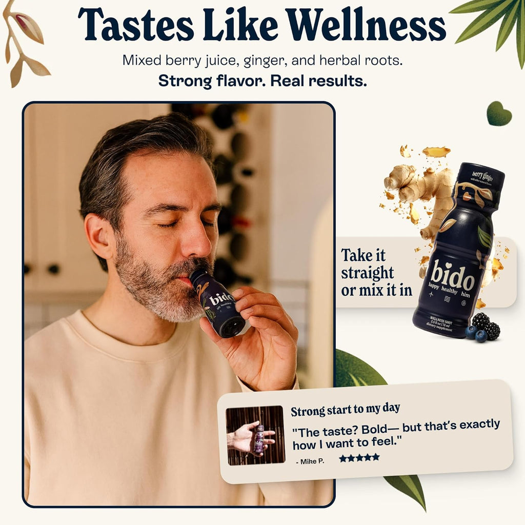 Bido | Men’s Herbal Wellness Drink | Adaptogen & Botanical Blend with Ashwagandha KSM-66, Maca, Ginseng & More | Energy & Vitality Support | Berry Ginger, 15- Pack (2.5 fl oz Each)