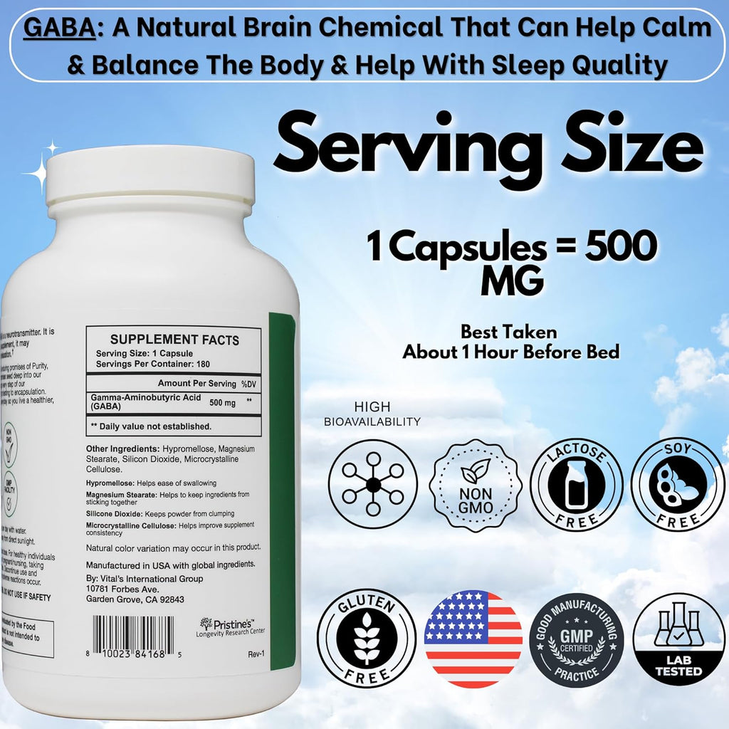 PRISTINE'S GABA 500mg Sleep Quality Support Supplement - 180 Day Supply - Calm Mind & Relaxation Sleep Support Capsules