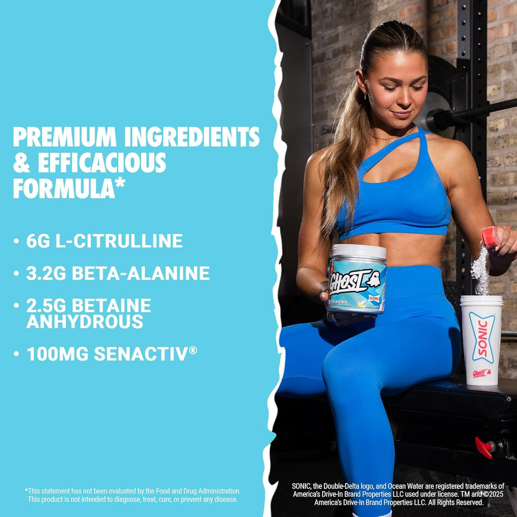 GHOST Legend Pre-Workout Powder, Sonic Ocean Water - 30 Servings – Pre-Workout for Men & Women with Choline, L-Citrulline, & Beta Alanine for Energy & Focus
