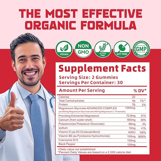Magnesium Glycinate Gummies 1000mg - Sugar Free Magnesium Potassium Supplement with Vitamin D, B6, CoQ10 for Calm Mood & Sleep Support - 120 Strawberry Gummies 2 Pack
