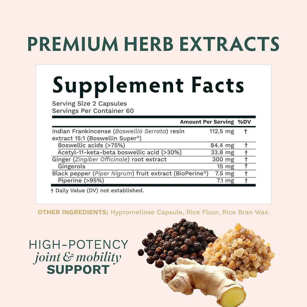 TRIBE ORGANICS Boswellia Serrata Complex Supplement for Joint Support, Muscle Relief - Vegetarian Non-GMO 120 Capsules, High Potency - Boswellin Super with Ginger Extract & Black Pepper - 420mg