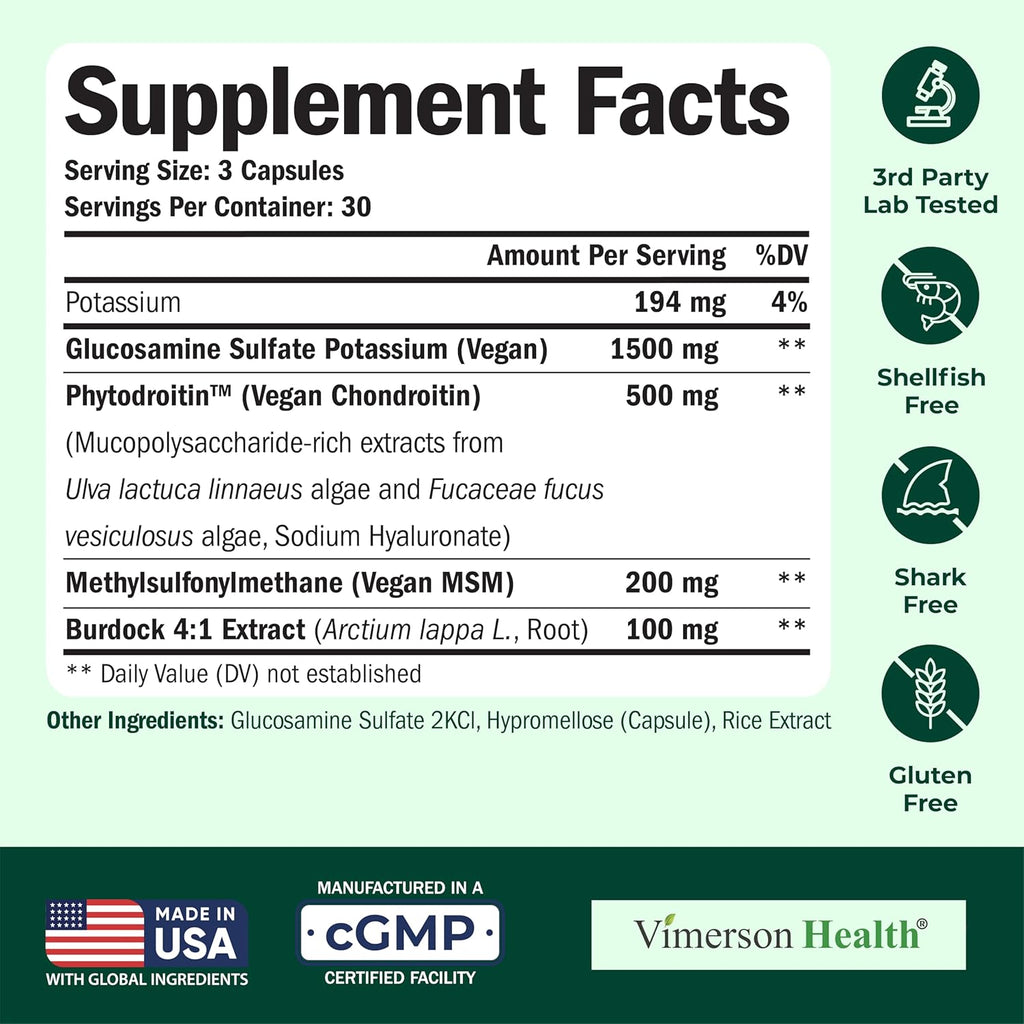 Vegan Glucosamine Chondroitin MSM - 100% Vegan Joint Support Supplement for Women & Men with Burdock and Glucosamine Sulfate 1500 mg. Used for Cartilage and Joint Health and Flexibility - 90 Capsules