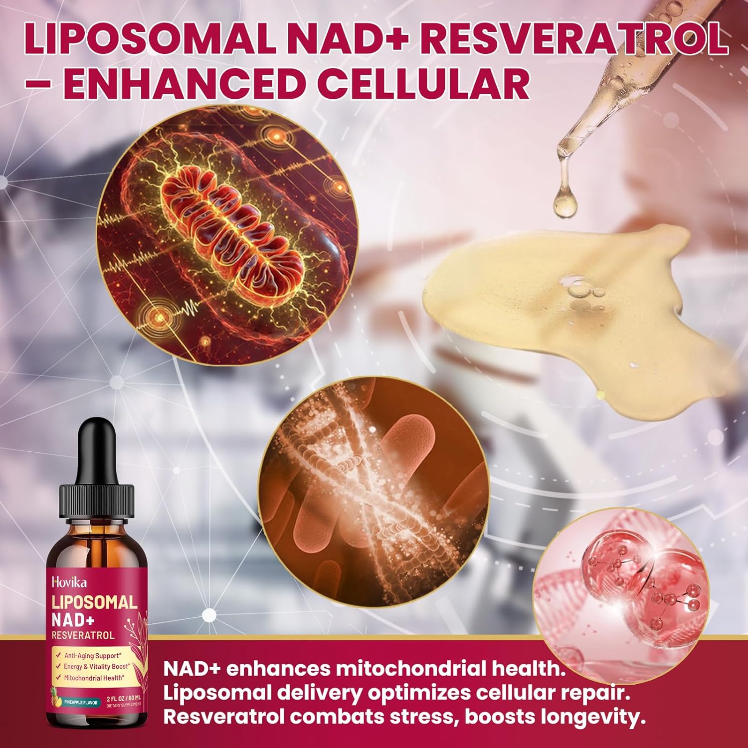 2 Pack Liposomal NAD Supplement - 1200mg NAD+ Liquid Drops for Women & Men with Resveratrol, Black Pepper Extract - Support Anti-Aging, Brain & Cellular Mitochondrial Health - Pineapple Flavor