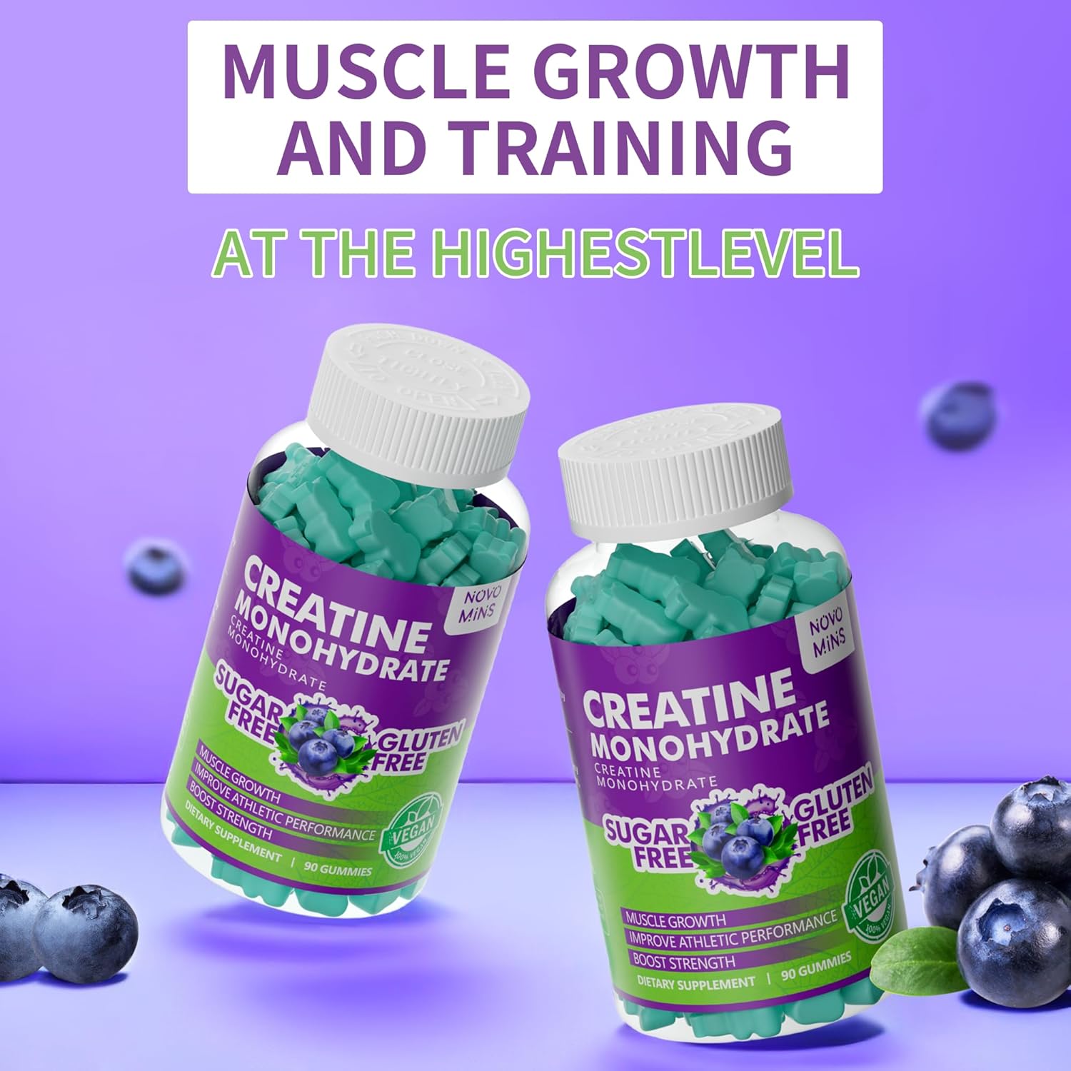 novomins Creatine Monohydrate Gummies 5000mg for Men & Women, Chewables Creatine Monohydrate for Muscle Strength, Muscle Builder, Energy Boost, Pre-Workout Supplement(90 Count)-Blueberry Flavor.