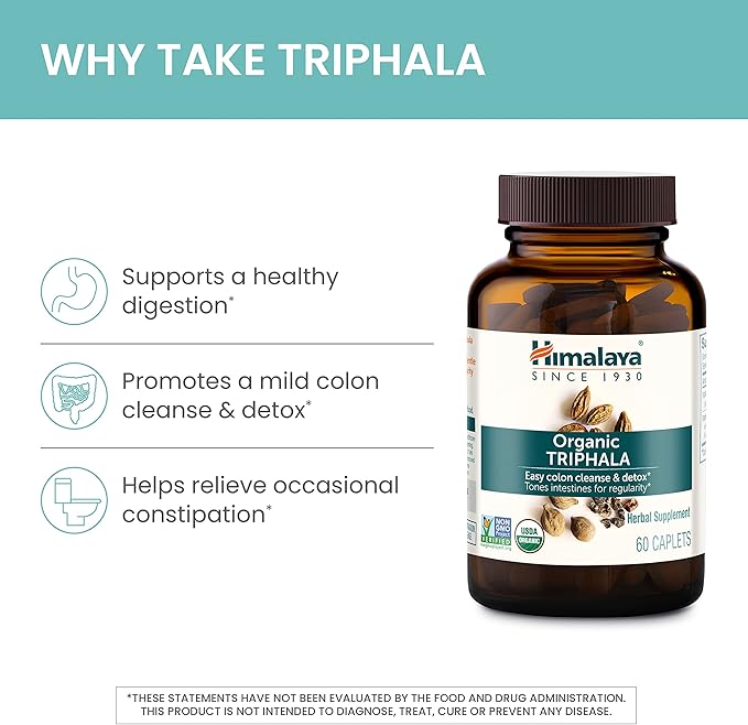 Himalaya Organic Triphala, 90 Day Supply - Digestive Health Supplement for Colon Cleanse & Occasional Bloating and Constipation Relief - USDA Organic, Vegan, Non-GMO, Gluten Free, 688 mg, 90 Caplets