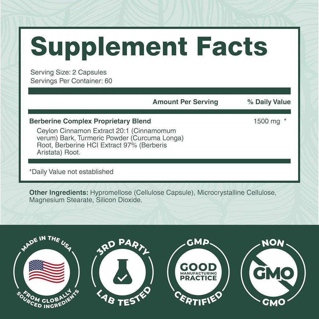 PurePremium Berberine with Ceylon Cinnamon Complex - 1500mg Berberine Supplement HCl, Cinnamon & Turmeric Supplement Supports Blood Sugar Levels Already Within Normal Range - 2 Month Supply, 120ct
