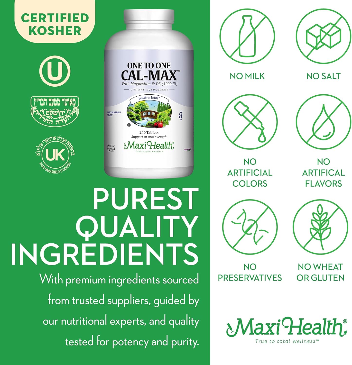 Maxi Health 500 mg Calcium Supplement with Vitamin D3 (1000 IU) and Magnesium (500 mg) - Bone, Teeth and Joint Support for Men and Women - 240 Tablets