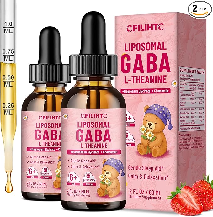 2 Pack Liposomal GABA L-Theanine Drops for Kids - Liquid GABA Supplement with Magnesium, Chamomile, Lemon Balm & Vitamin B6 - Support Relaxation, Focus & Stress Relief for Kids & Adults - Strawberry
