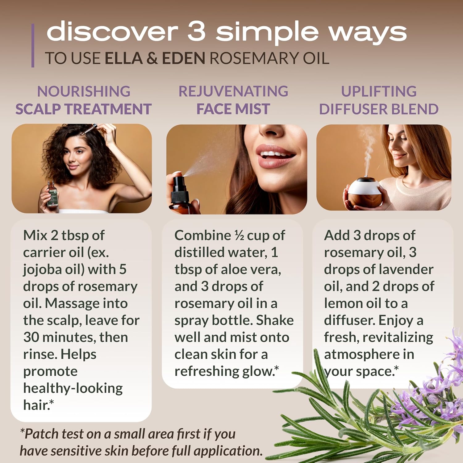 Ella & Eden Rosemary Oil for Hair 100% Pure, Steam-Distilled, Hexane-Free | USDA Certified Organic Rosemary Essential Oil for Skin Aromatherapy in a Glass Bottle, 4 Oz