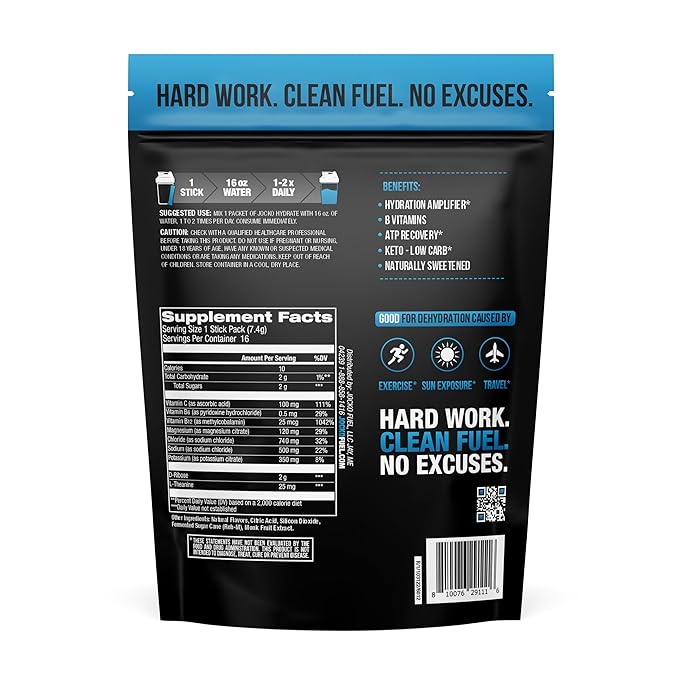 Jocko Fuel Hydrate Electrolytes Powder - Low Sugar Hydration Amplifier for Recovery, Dehydration & Exercise - Vitamins B6, B12 & C (32 Packets, 2 Pack Bundle)