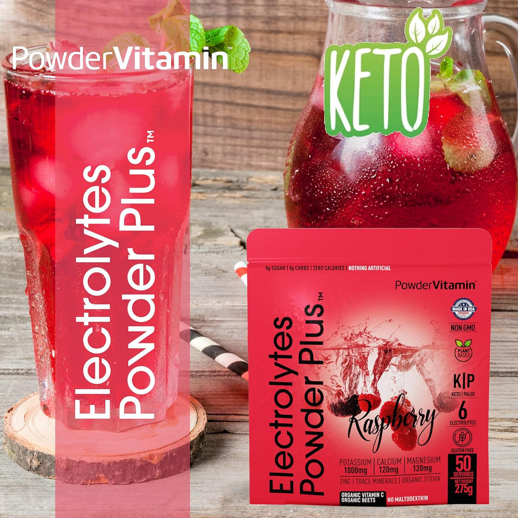 PowderVitamin Electrolytes Powder Plus (50 Servings) Raspberry Electrolyte Powder Zero Calorie Keto, 0 Sugar, No Maltodextrin,1000mg Potassium,120mg Calcium,120mg Magnesium, Hydration Powder