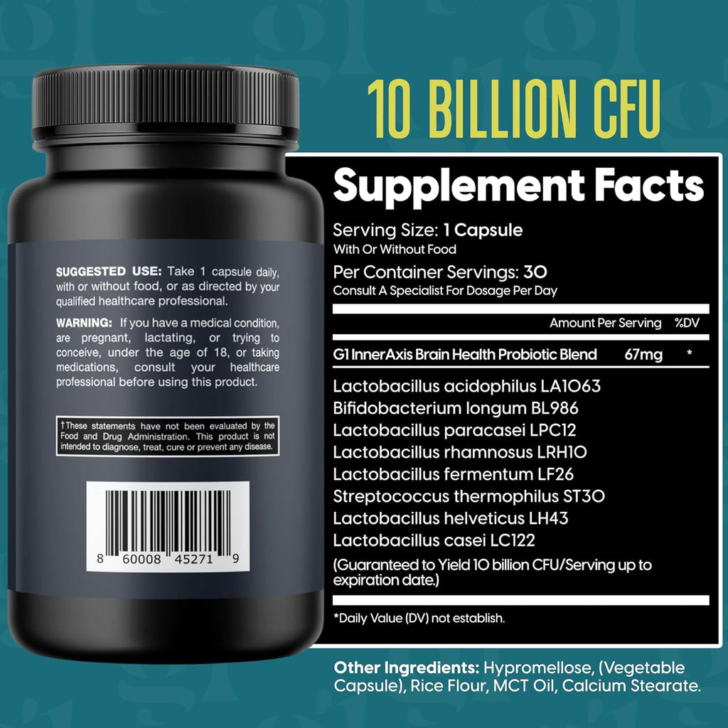 InnerAxis 2-in-1 Brain and Gut Health Probiotic, 10 Billion CFU, 8 Symbiotic Strains for Gut, Psychobiotic, Mood and Brain Support, Acidophilus Probiotic for Women and Men, 30 Servings
