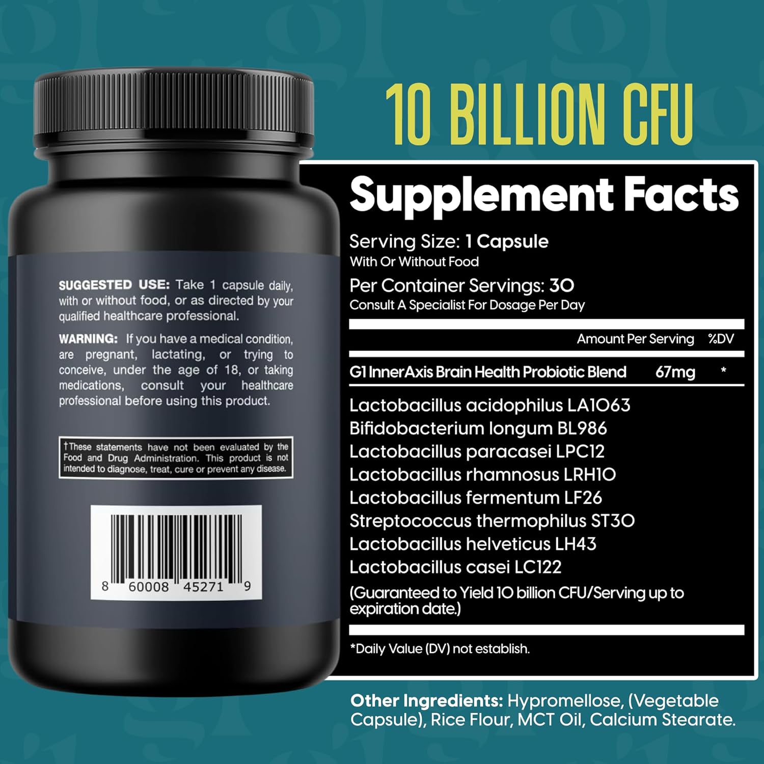 InnerAxis 2-in-1 Brain and Gut Health Probiotic, 10 Billion CFU, 8 Symbiotic Strains for Gut, Psychobiotic, Mood and Brain Support, Acidophilus Probiotic for Women and Men, 30 Servings