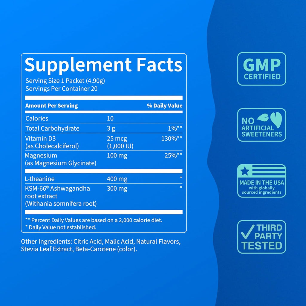Supercalm Drink Mix – Ashwagandha KSM-66, Magnesium Glycinate, L-Theanine, Vitamin D3 – Pineapple Mint Flavor (20 Travel Packets)