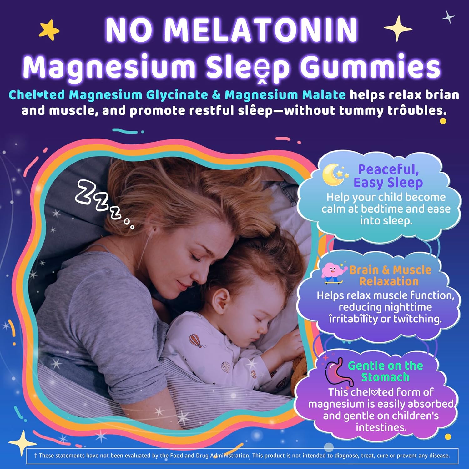 Kids Sleep Gummies, NO Melatonin Sleep Aid Gummies w/Magnesium Glycinate, Magnesium Malate, L-Theanine, Lavender, B6, Zinc, D3K2 for Restful Sleep, Relax Brain & Muscle, Immune Support, Non-GMO 1Pack