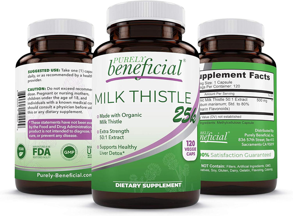PURELY beneficial Organic Milk Thistle Capsules, 50:1 Milk Thistle Extract, Silybum Marianum 25000 mg Strength, Liver Cleanse & Antioxidant Support, 120 Veg Capsules, Vegan & Non-GMO