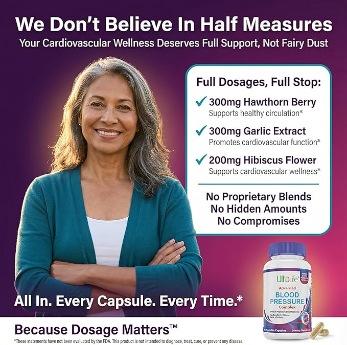 ULTALIFE Blood Pressure Supplements - Advanced Blood Pressure Supplement Complex - Hawthorn Berry, Hibiscus, Garlic, Forskolin - 14 Vitamins & Herbs, 30 Day Supply in Veggie Capsules