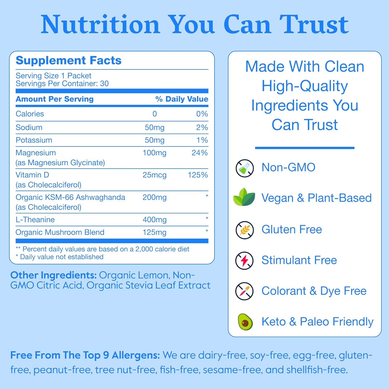 Nectar Calm Magnesium Glycinate Drink Mix - Sugar Free & Zero Calorie - with Organic Ashwagandha, Vitamin D, L-Theanine, Hydrating Electrolytes - Relax, Focus & Calm - Non-GMO (Lemon 30 Sticks)