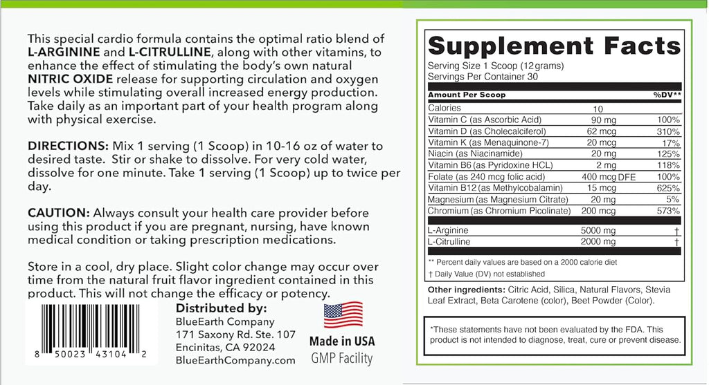 L-Arginine 5000mg + L-Citrulline 2000mg Complex Powder Supplement - Nitric Oxide Booster - Heart Health, Blood Flow, Energy & Endurance - 30 Servings (Peach Lemonade)