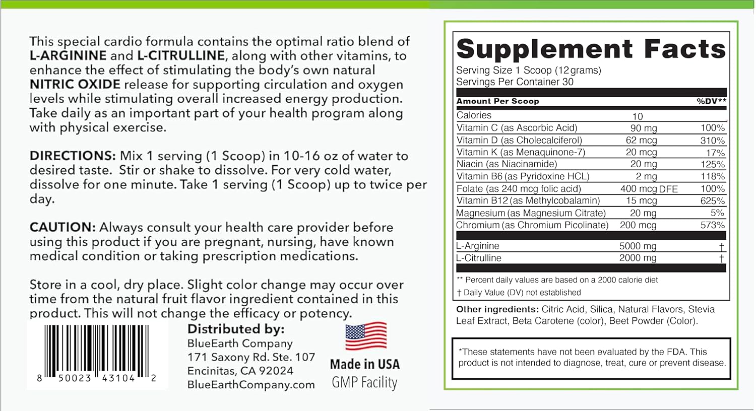 L-Arginine 5000mg + L-Citrulline 2000mg Complex Powder Supplement - Nitric Oxide Booster - Heart Health, Blood Flow, Energy & Endurance - 30 Servings (Peach Lemonade)