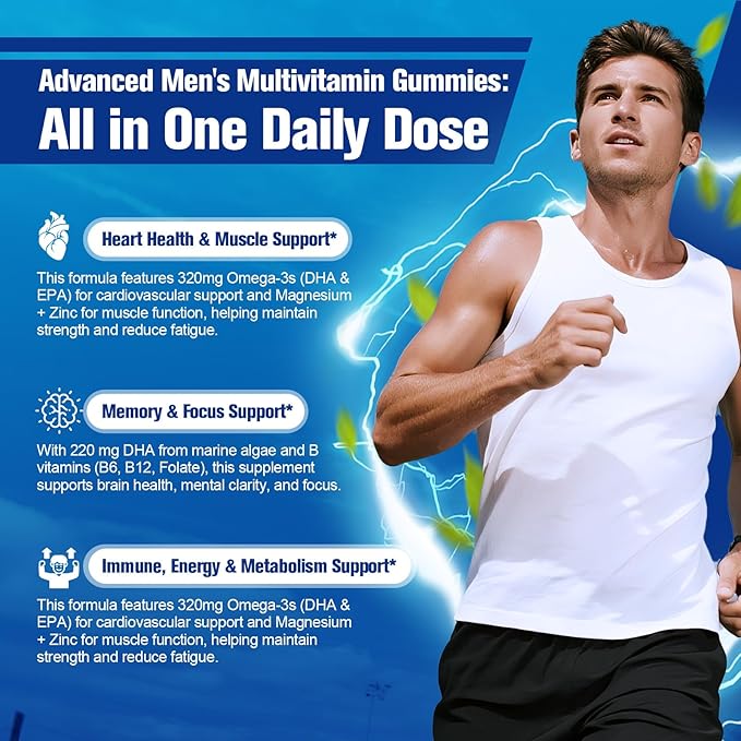 2-Pack Multivitamin for Men, Mens Multivitamins Gummies w/Omega-3, Probiotics, Inositol, Folate, Male Support Blend, Vitamins A, C, D, E, B - Support Heart, Brain, Muscle, Energy, Sugar-Free