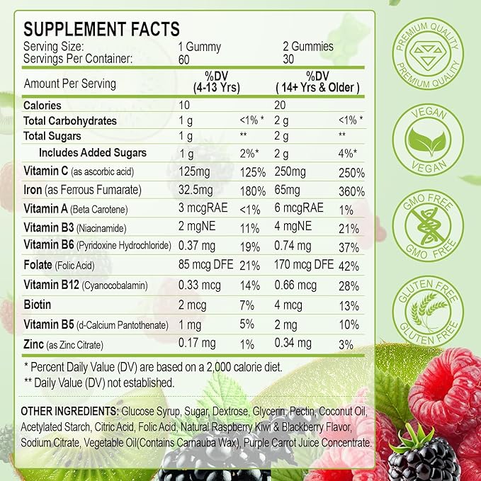 Iron Supplement for Women, Men & Kids, 65mg & Vitamin C 250mg per Serving with B6 B12 Folate- Energy Support for Iron Deficiency, Anemia, Vegan GummyRaspberry Kiwi & BlackBerry Flavor, 60 Gummies