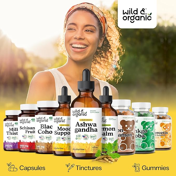 Wild & Organic Ashwagandha Drops - Mood Support Supplement w/Ashwagandha Root Extract - Liquid Drops for Calm Mind - Relaxation Supplements - Sugar & Alcohol-Free - 4 fl oz
