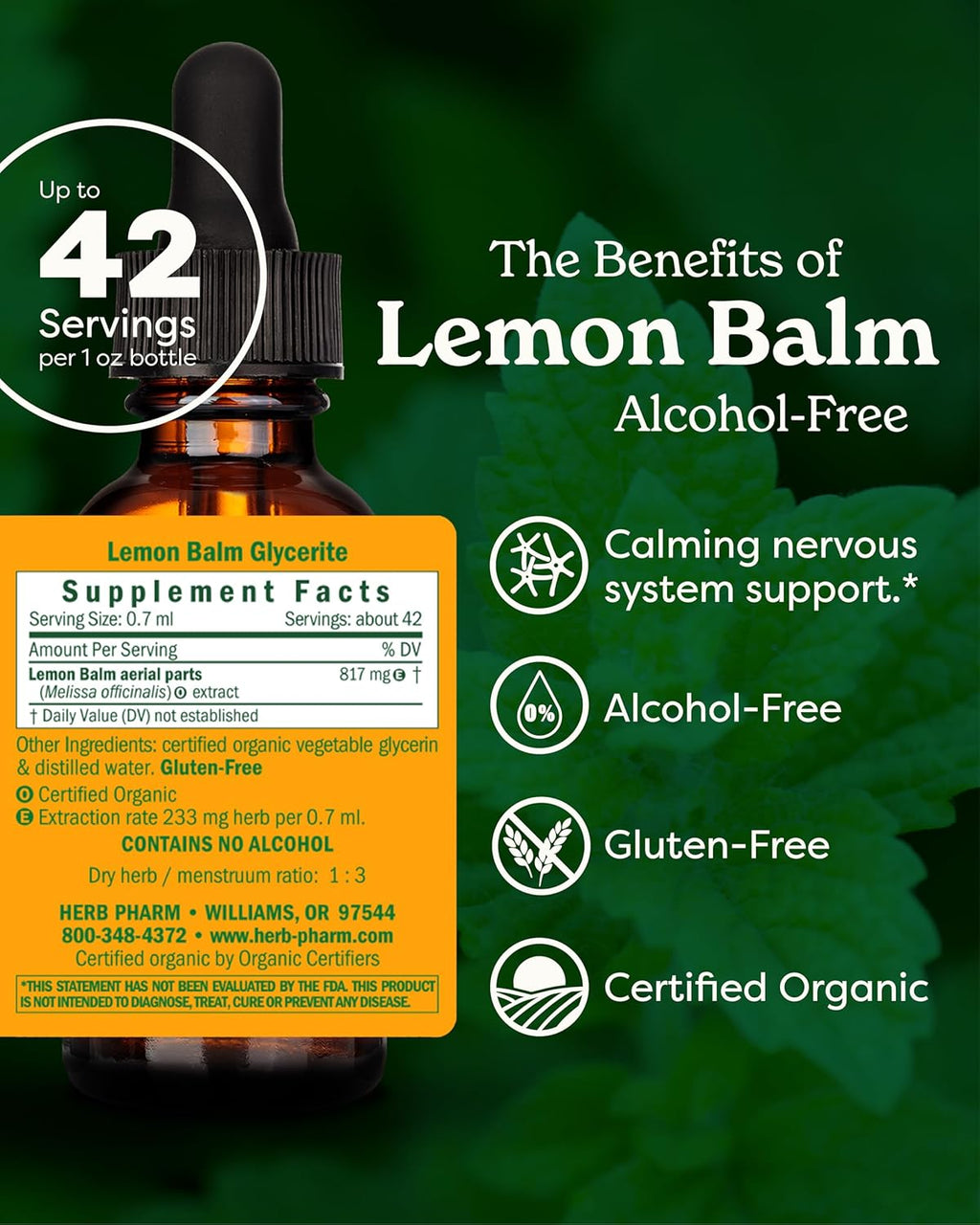 Herb Pharm Certified Organic Lemon Balm Liquid Extract for Calming Nervous System Support, Alcohol-Free Glycerite, 1 Oz