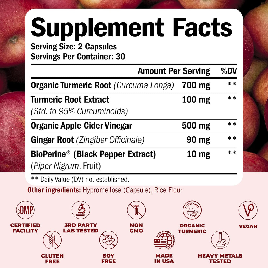 Turmeric Supplement and Organic Apple Cider Vinegar Capsules with Ginger for Joint Health, Metabolic & Digestive Support. Premium Turmeric Apple Cider Vinegar Supplements. Non-GMO. Vegan. 60 ACV Caps