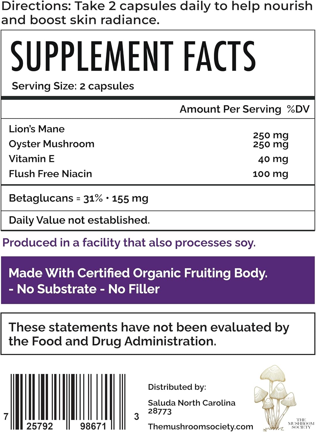 Skin Rejuvenation Supplement - Inner Skin Glow & Cellular Repair Formula – Lion’s Mane, Oyster, Vitamin E, Niacin + Beta-Glucans – Antioxidant + Beauty Blend - 120 Vegan Capsules
