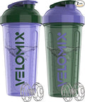 VELOMIX -2 Pack- 28 oz Protein Shaker Bottles for Protein Mixes - 2x Wire Whisk | Leak Proof Shaker Cups for Protein Shakes | Protein Shaker Bottle Pack (Green/Purple)