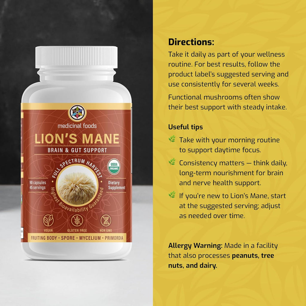 Medicinal Foods Lion’s Mane Capsules Dietary Supplement | Full Spectrum Highest Potency, Organic Steam-Activated, Brain, Gut, & Focus Support, Adaptogenic Wellness, Vegan, Gluten-Free, Non-GMO