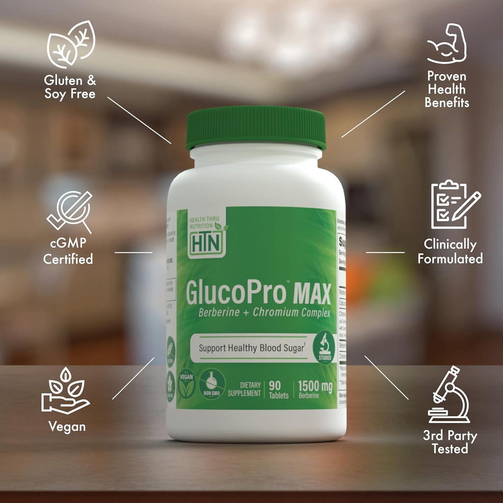 Health Thru Nutrition GlucoPro Max - with 1,500mg Berberine, Chrominex + Chromium, and 1,000mg Cinnamon | Vegan, Non-GMO, Gluten Free | Pack of 90
