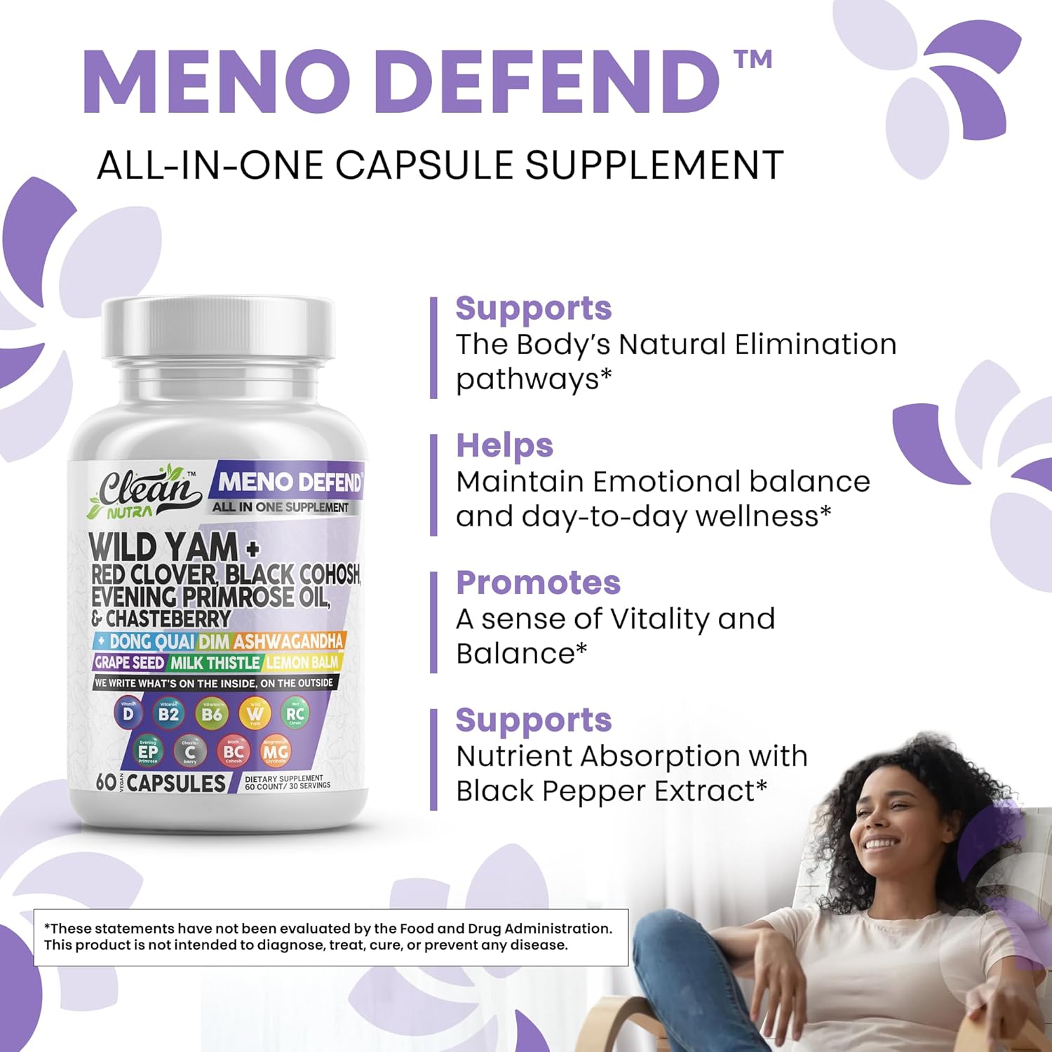 Clean Nutra Wild Yam Root Capsules with Red Clover Black Cohosh Evening Primrose Oil Chasteberry Dong Quai DIM Ashwagandha Grape Seed Extract Milk Thistle Lemon Balm and more Hormone Balance For Women