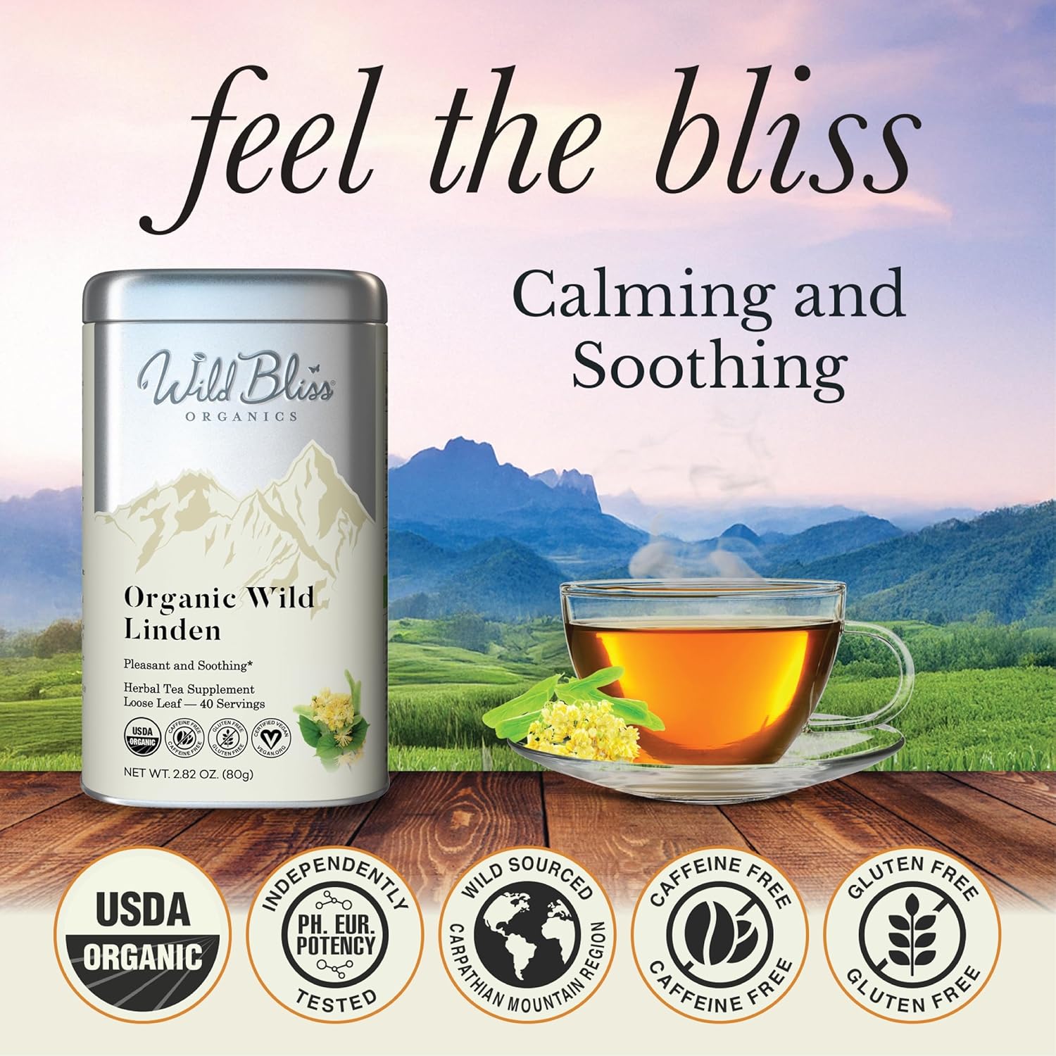 Wild Bliss Organic Linden Flower Tea - Caffeine Free Loose Leaf Calming Herbal Tea - 2.82 Ounces - 40 Servings
