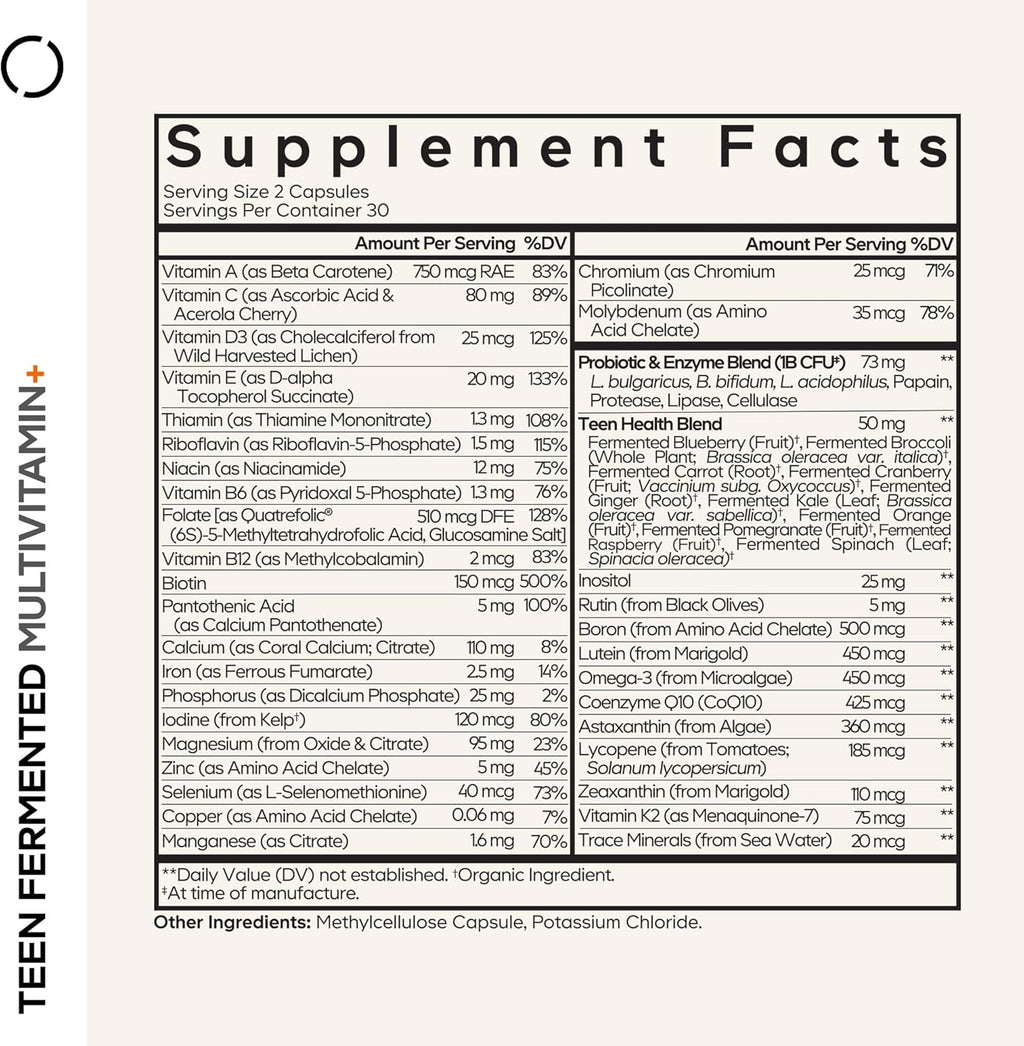 Codeage Teen Multivitamin Supplement – Daily Vitamins and Minerals for Teen Boys and Girls – Organic Whole Food Formula with Omega-3 and Vitamins A to K - 60 Capsules