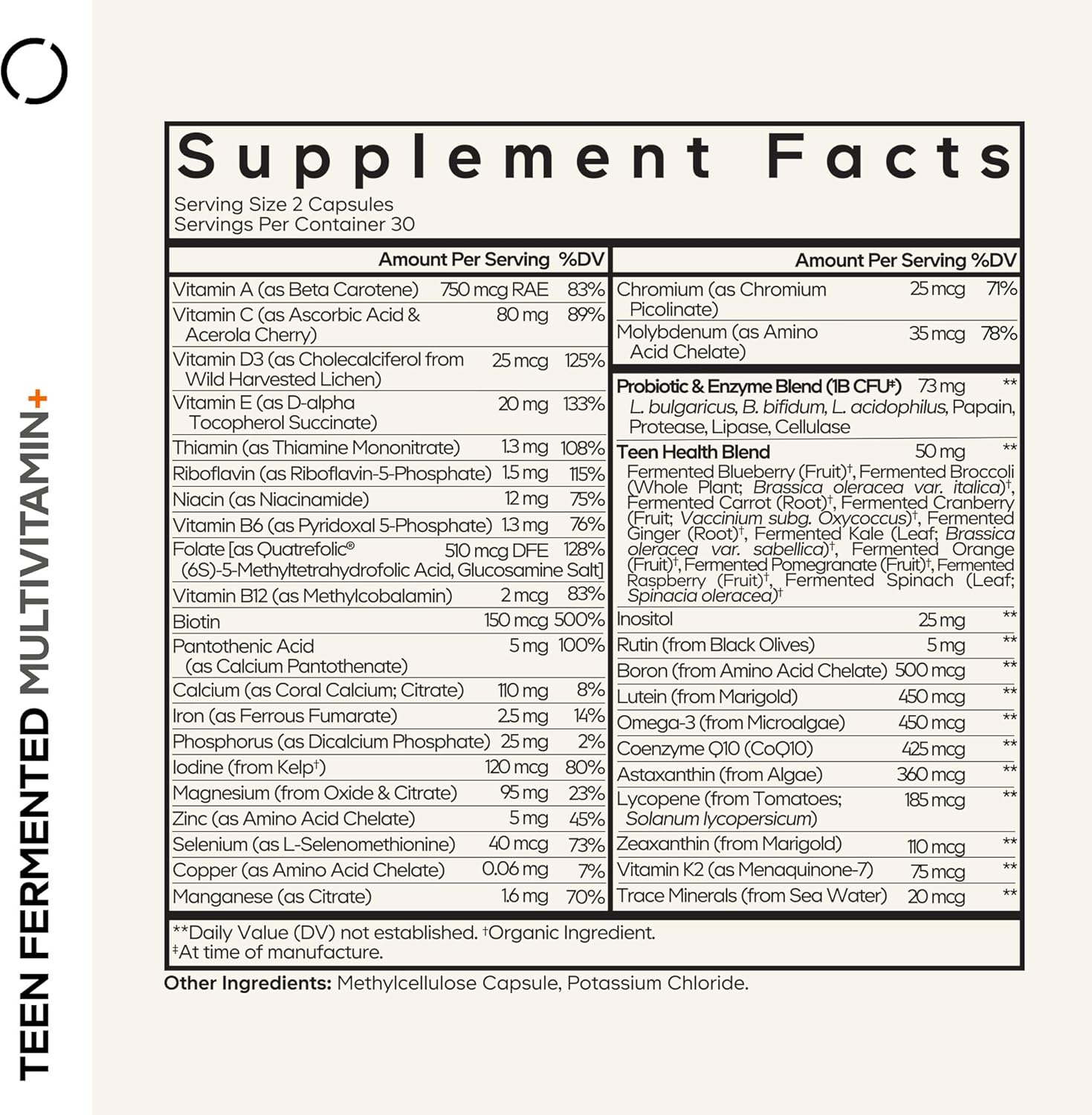 Codeage Teen Multivitamin Supplement – Daily Vitamins and Minerals for Teen Boys and Girls – Organic Whole Food Formula with Omega-3 and Vitamins A to K - 60 Capsules