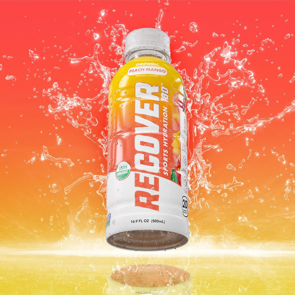 RECOVER 180 Organic Sports Hydration Drink, No Sugar Added, 20 Calorie Sports Beverage, Organic Flavors With Vitamins, Potassium-Packed Electrolytes (16.9 Fl Oz (Pack of 12), Peach Mango)