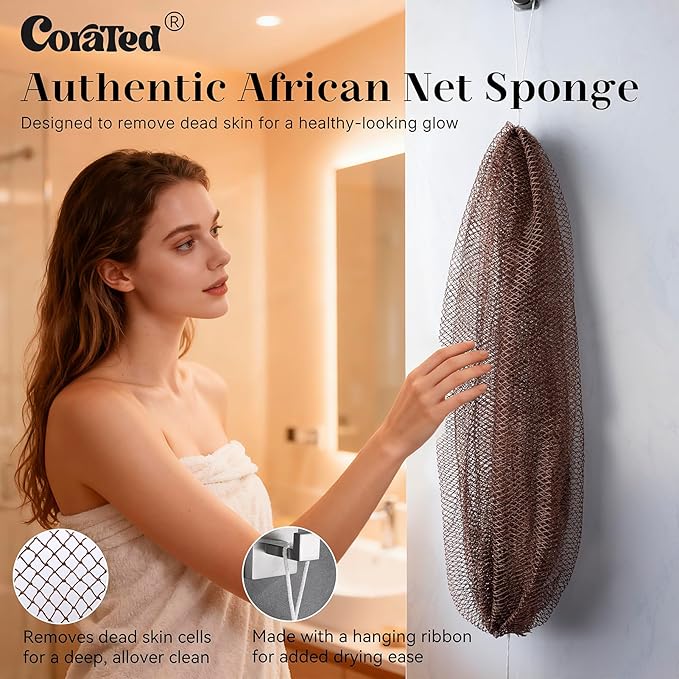 CORATED African Net Sponge Authentic, Shower Loofah Exfoliating Bath Sponge, Body Scrubber for Women and Men Daily Use Body Care, Travel Portable Bath Accessories Gifts for Women