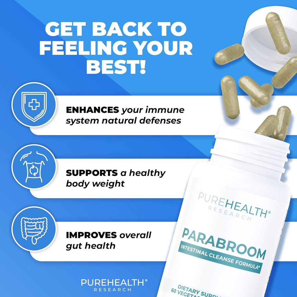 PUREHEALTH RESEARCH Parabroom - Gut Cleanse & Health Supplement - with Black Walnut, Sweet Wormwood Powder, Turmeric Extract, Olive Leaf, Garlic & Onion - Digestive Support for Women & Men 60 Capsules