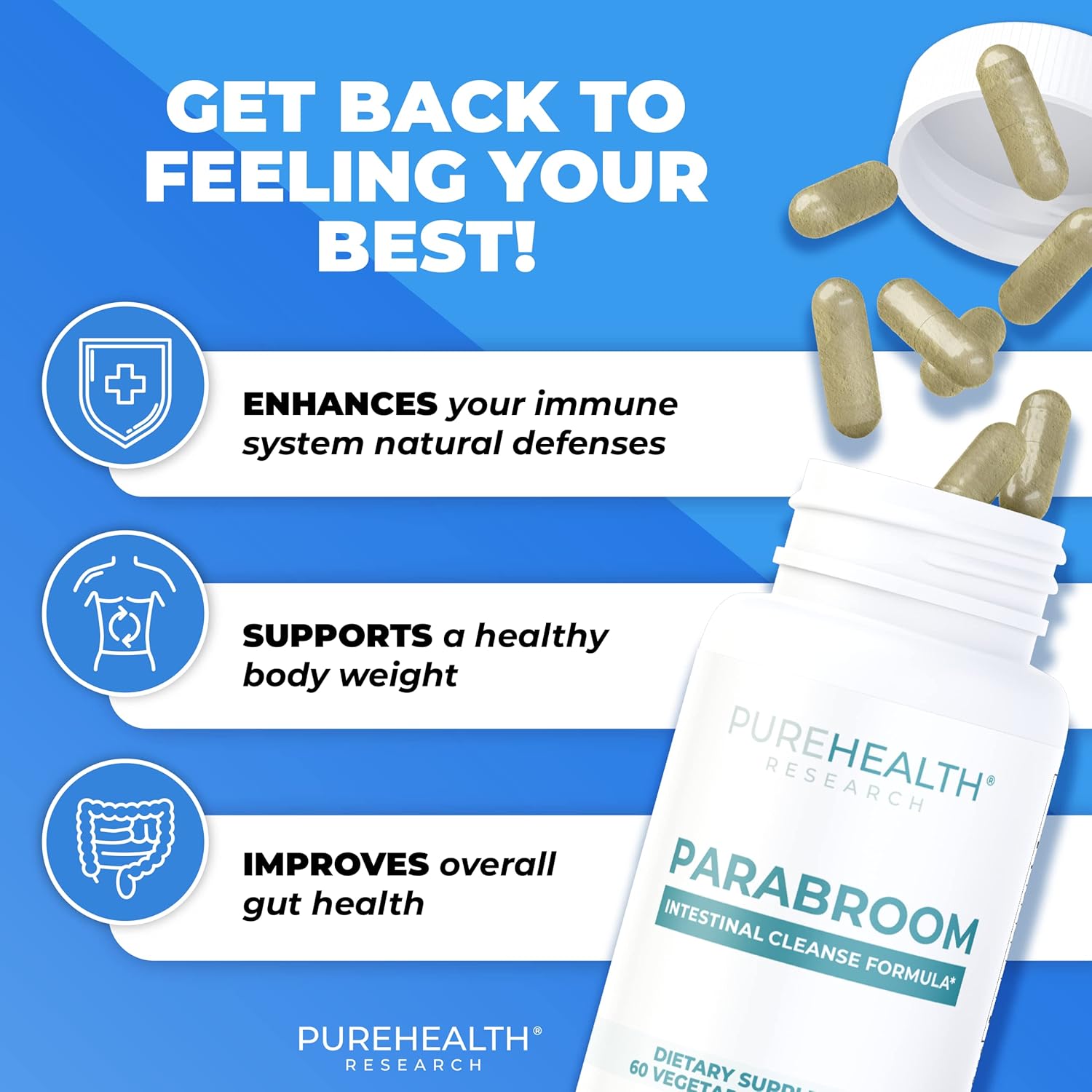 PUREHEALTH RESEARCH Parabroom - Gut Cleanse & Health Supplement - with Black Walnut, Sweet Wormwood Powder, Turmeric Extract, Olive Leaf, Garlic & Onion - Digestive Support for Women & Men 60 Capsules