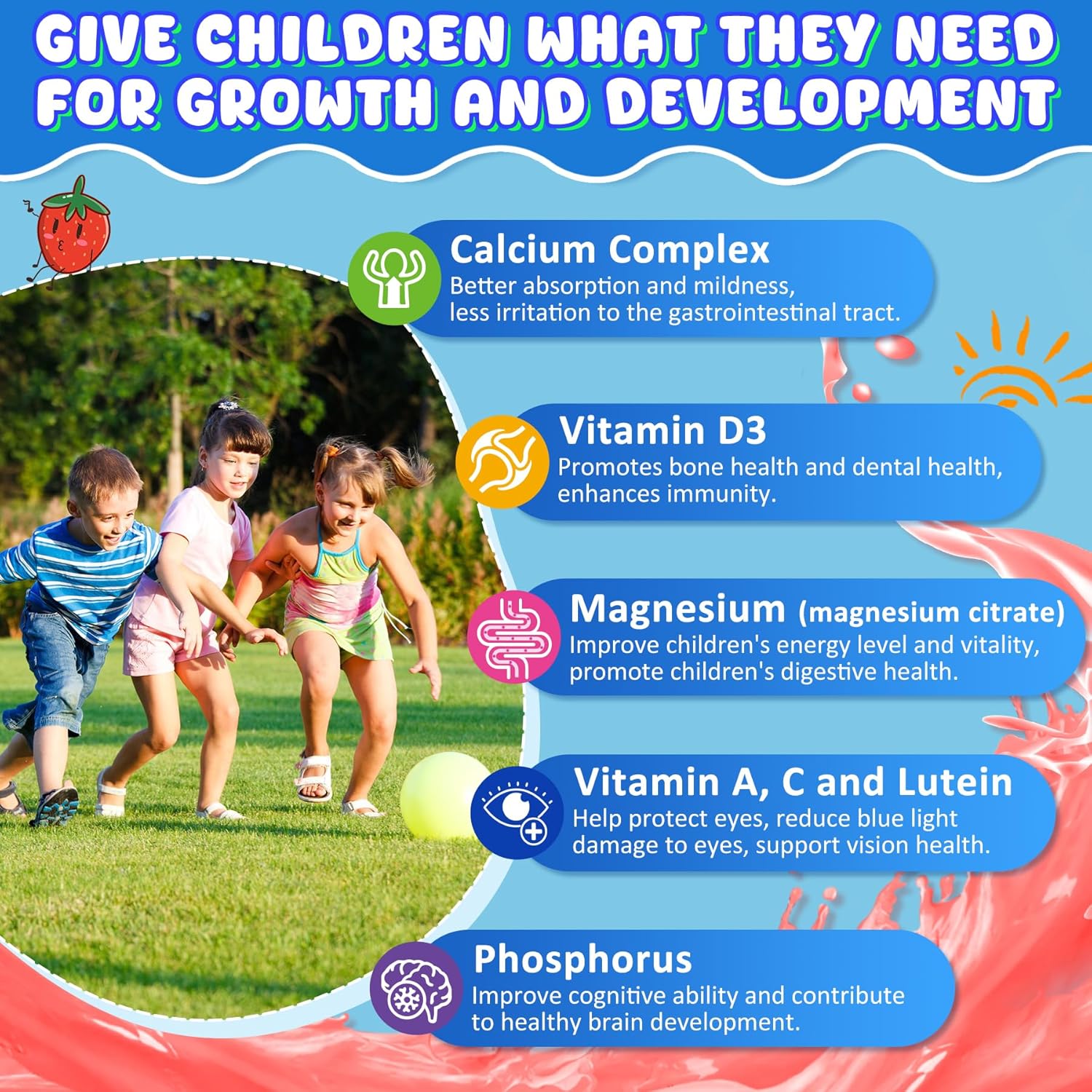Kids Calcium Gummies + D3 & Magnesium for 4+, with Calcium Citrate Calcium Gluconate, Calcium Lactate,Probiotics & Prebiotics for Children Bone Health,Muscle Support,Digestive Health,Sugar Free 120Cts